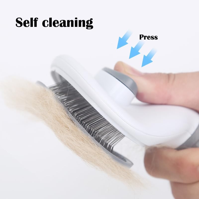 Pet Grooming Brush with Ergonomic Handle, Self-Cleaning Slicker Brush, White