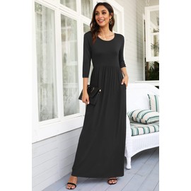 WNEEDU Women's 3/4 Sleeve Loose Casual Long Maxi Dresses with Pockets,Small,Solid Black