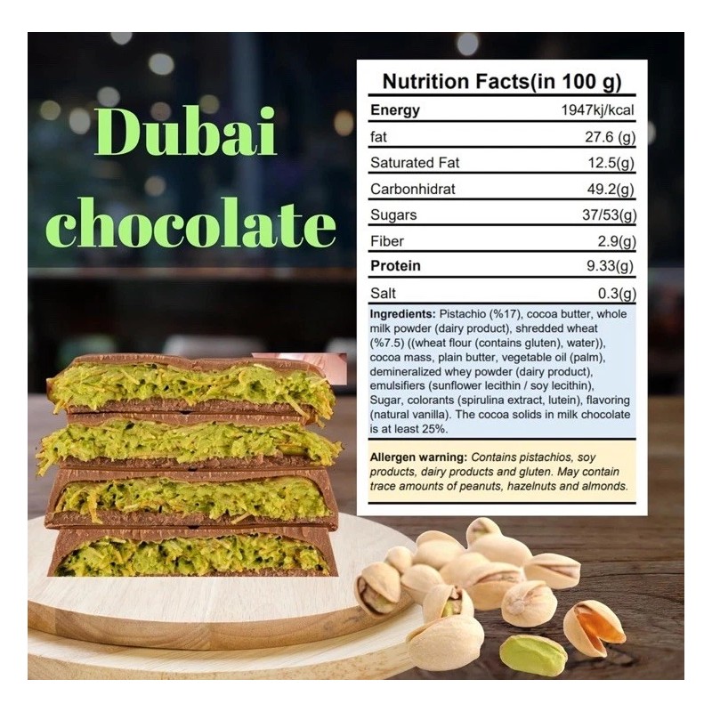 Dubacco Dubai Chocolate Bar, Viral Chocolate, Knafeh, Premium Pistachio Dubai