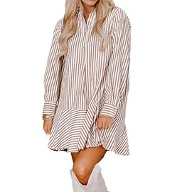 LunaJany Women's Casual Long Sleeve Button Ruffled Stripe Mini Dress with Pockets Brown S