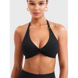 YEOREO Halter Sports Bras for Women Low Impact Removable Padded Adgustable Front Twist Deep V Bra Seamless Workout Gym Crop Tops Black S