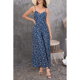 LAISHEN Jumpsuits for Women Casual Dressy 2023 Wide Leg Floral Long Rompers Summer Smocked Sleeveless Jumpers with Pockets(Floral 06,M)