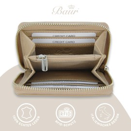 Baur Women's Genuine Leather Wallet, Mini Wallet with RFID Protection, Small Wallet with 6 Card Slots, Note and Coin Compartment, Wallet with All-Round Zip, taupe, Classic