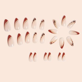 Short French Press on Nails Almond Fake Nails Leopard Print Pattern False Nails With Design Gold Line Glue on Nails Luxury Full Cover Stiletto Acrylic Nails Reusable Stick on Nails for Women 24Pcs