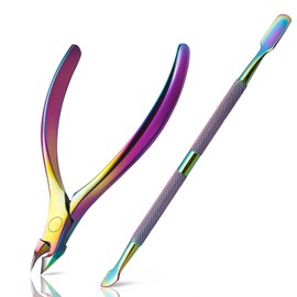 BEZOX Cuticle Clippers with Cuticle Pusher Set - Precise Cuticle Nipper and Under Nail Cleaner Kit for Salon or Home Use - Surgical Grade Stainless Steel (Rainbow)