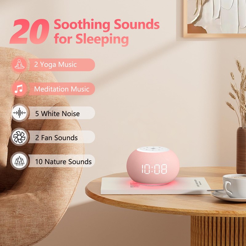 Reacher Auto Dimmable Sound Machine Alarm Clock with Night Lights,