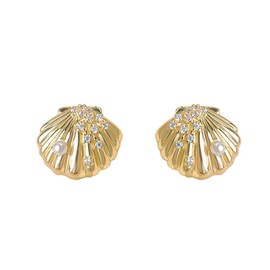 14K Gold Plated Seashell Stud Earrings for Women 925 Sterling Silver Pin Post Crystal Sparkling Cubic Zirconia Shell Pearl Seashore Studs Earring Sea Ocean Dainty Summer Beach Jewelry