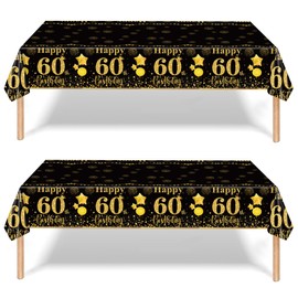 2Pcs Black Gold Happy 60th Birthday Party Table Cloth - 137*274cm Plastic Decorations for Men Women - Disposable Tablecover for Him, Her Birthday Gifts