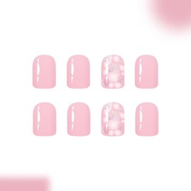 Pink Press on Nails Short Square Fake Nails with Glitter Design Glossy Acrylic Full Cover Glue on Nails Reusable Artificial Stick on Nails Cute False Nails for Women Nail Decoration 24Pcs