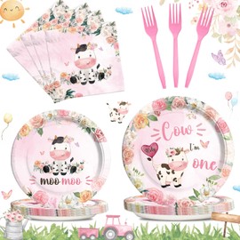 Hombae Holy Cow Im One Birthday Party Supplies Girl Tableware Set, Cow 1st Birthday Decorations, First Birthday Decorations for Girl, Pink Cow Themed Plates, Napkins, Forks, Serves 24 Guests
