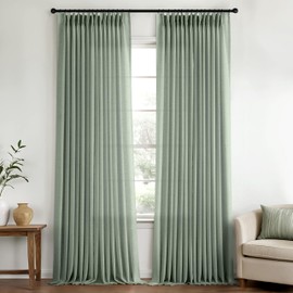 Sage Green Pinch Pleated Linen Sheer Curtains 120 Inches Long, Memory Shape Pleated Curtains Living Room Bedroom, Textured Thick Semi Sheer Privacy Curtain Drapes Farmhouse Light Filtering Curtain