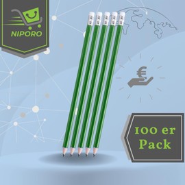 NIPORO Pencils HB Pack of 100 White Wooden Pencils with Eraser, Pencil, Pre-Sharpened, 19 cm Length, Economy Pack, Sustainable, (Green)