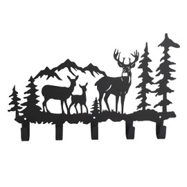 Qobumy Metal 5-Hooks, Powder Coated Deer, Wall Art Decor, Animal Theme Hooks, Storage for Living Room, Hallway, Office (Black, 0.77 lbs)