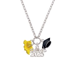 Delight Jewelry Silvertone Yellow Hibiscus Flower - Class of 2025 Graduation Zoey Charm Necklace, 28"