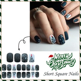 Christmas Press on Nails Short Square Fake Nails with Design Xmas Tree,Snowflake False Nail Reusable Winter Stick on Nail Full Cover Black Matte Glue on Nail Christmas Nails for Women Manicure 24 Pcs