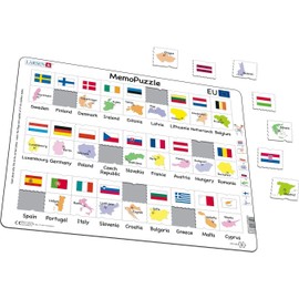 Larsen GP2 MemoPuzzle: Names, Flags and Capitals of 27 EU Member States, French Edition, Frame Puzzle with 54 Pieces