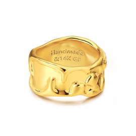 GNIRTSI Gold Ocean Wave Ring for Women 14K Gold Plated Minimalist Stack Irregular Wide Band Finger Jewelry Size 7