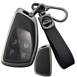 SANRILY Metal & Leather 3/4/5/6 Button Key Fob Cover Compatible with Buick Envision Avenir 2024 Fit for Chevy Tahoe Suburban Fit for GMC Yukon Denali Silverado Keyless with Leather Keychain Black