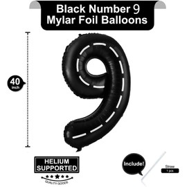 9 Number Race Car Balloons - 40 Inch Black Birthday Party Track Balloons featuring Number 9 Cars Theme