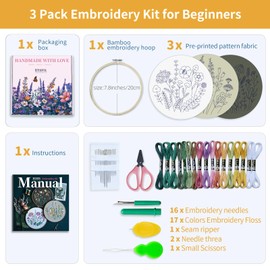 ETSPIL 3 Pack Beginner Embroidery Kits for Adults, DIY Starter Set with Stamped Flower Designs, Embroidery Hoop, Colorful Threads, Tools, Step-by-Step Instructions & Video Tutorial