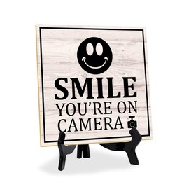 Smile You're On Camera 5"x 5" Square Table Sign With Acrylic Easel | Home & Office Décor - 1 Pack