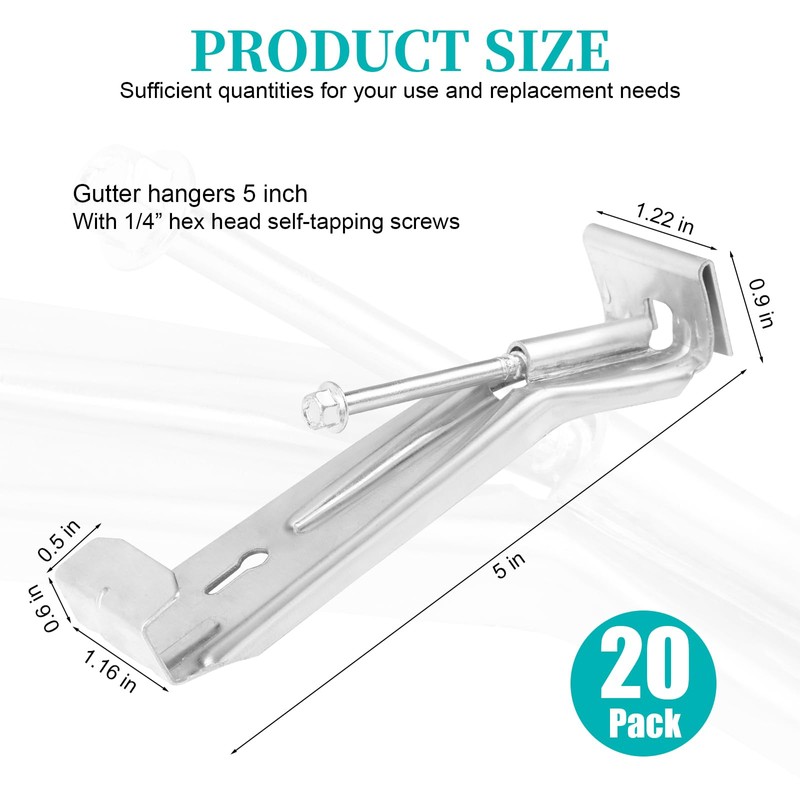 20 Pcs Gutter Hangers 5 Inch K Style with Pre-Inserted
