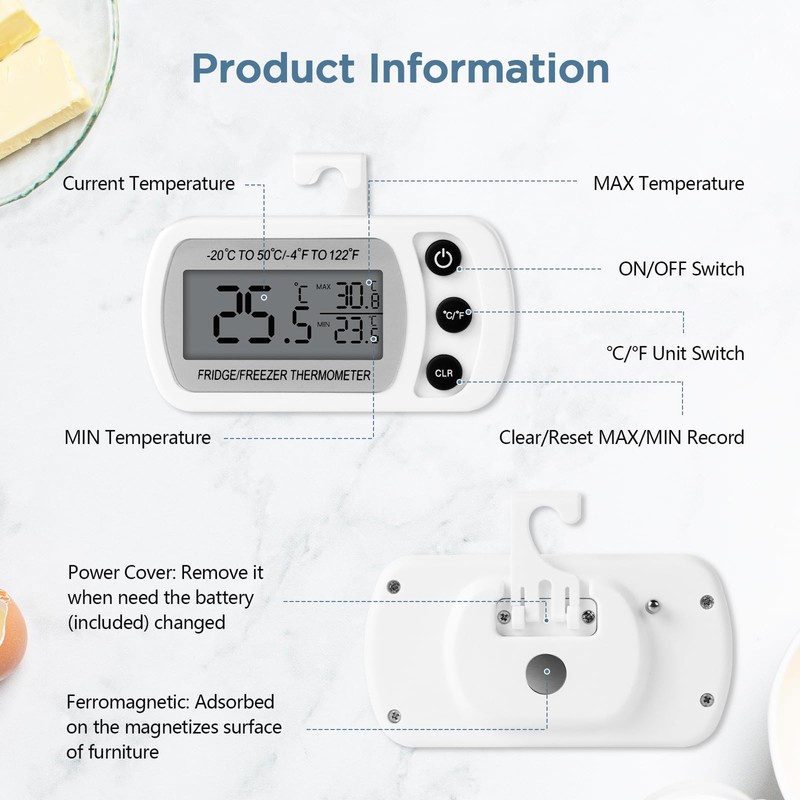 AiQlnu Fridge Thermometer, Magnetic Digital Freezer Thermometer, Kitchen Thermometer with