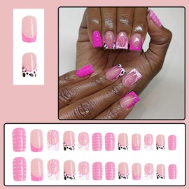 Mkwntg Pink French Tip Press on Nails Short Square Fake Nails Glossy Pink Swirl Full Cover Acrylic Nails Cute Cow Crocodile Patterns Designs Acrylic Artificial Nails for Women Girls Manicure Kit 24Pcs
