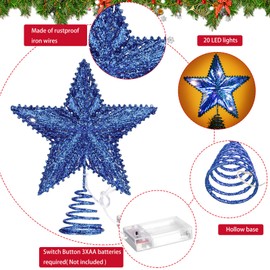 Aoriher 20 Light 10 Inches Christmas Star Tree Toppers Battery Operated Tree Topper with 20 Mini LED Lights for Christmas Holiday Seasonal Decoration (Blue)