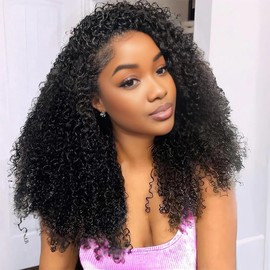 Glueless Wigs Human Hair Half Wig Upgrade 3 IN 1 Half Wig With Drawstring Seamless Clip Ins Flip Over Kinky Curly Human Hair For Women No Glue No Lace Wig Headband Wig Beginner Friendly 26 Inch