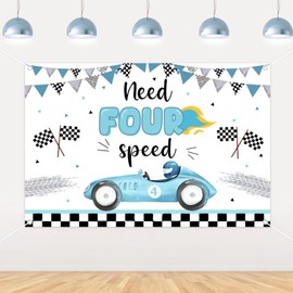 kreat4joy Need Four Speed Birthday Decoration Backdrop Banner 5×3ft Blue Background Props for Fast Four Retro Vintage Race Car 4th Birthday Decoration Boy