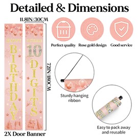 10th Birthday Decorations Banner Girl - Rose Gold Happy 10th Birthday Party Door Porch Sign, Door Banners for Double Digits Party Decoration Supplies