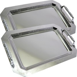MARO MEGASTORE (Pack of 2 17 inch x 11.8 inch Octagonal Chrome Plated Silver Serving Tray with Handles Stylish Design Floral Engraved Edge Decorative Party Wedding Dessert Wine Platter Plate CC-1144