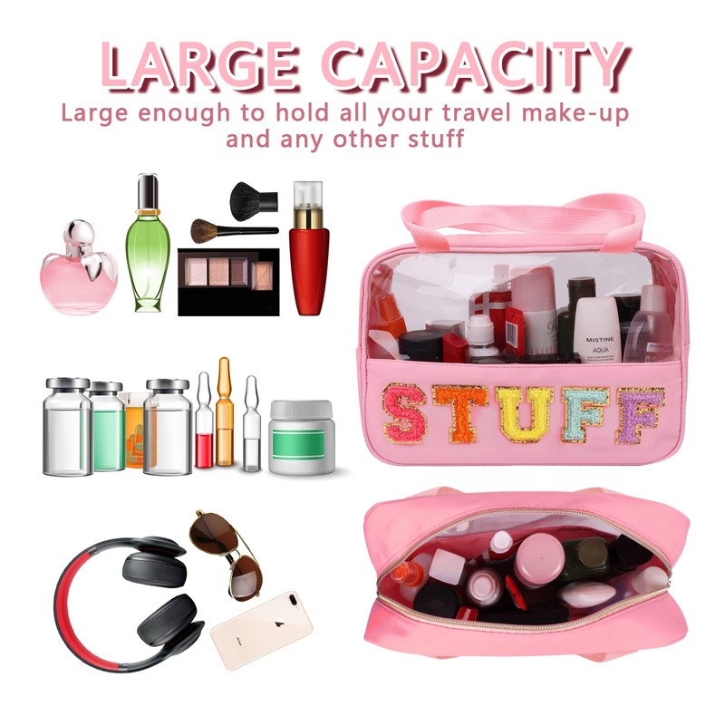 Iqimott Chenille Letter Patch Stuff Bag, Preppy Clear Makeup Cosmetic