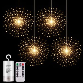 4 Pack 800 LED Starburst Sphere Lights, Battery Operated Firework Lights, 8 Modes Dimmable Remote Control Waterproof Hanging Fairy Light, Copper Wire Lights for Patio Parties Christmas (Warm White)