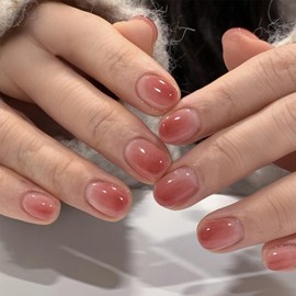 Red Bean Gradient Soft Gel Press On Nails 24PCS – Short Round Nude Pink Fake Nails, Natural Jelly Ombre Reusable False Nails, Glossy Soft Gel Nails for Daily Salon Look