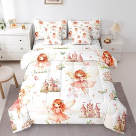 Princess Bed Set Includes Comforter, Sheet Set, Pillowcases & Pillow Covers Queen Size Castle Flower Butterfly 7 Piece Bedding Set Decor Cute Pink Comforter Set Soft Microfiber Kawaii Bedroom Decor