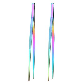 2Pcs 12" Fine Long Tweezer Tongs, Professional Cocktail Garnish Tools, 304 Stainless Steel for Kitchen, Food, Cooking (Rainbow 2PCS)