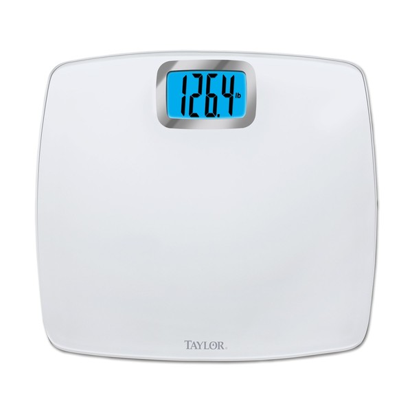 Taylor Precision Products Digital Scales for Body Weight, Extra High Accurate 440 LB Capacity, Unique Blue LCD, Bright White Finish Extra Large Platform, 12.2 x 13.5 Inches, White