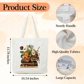 OZTEMETY Canvas Tote Bag, Books And Flowers Tote Bag,Reusable Shopping Bags, Gifts For Book Lovers And Readers, Teacher Gifts For Women, Christmas Thanksgiving Presents-19