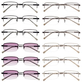 Eyekepper 12-Pack Rectangle Metal Half-rim Reading Glasses for Men Spring Hinges Readers Include 3 Reading Sunglasses +2.75