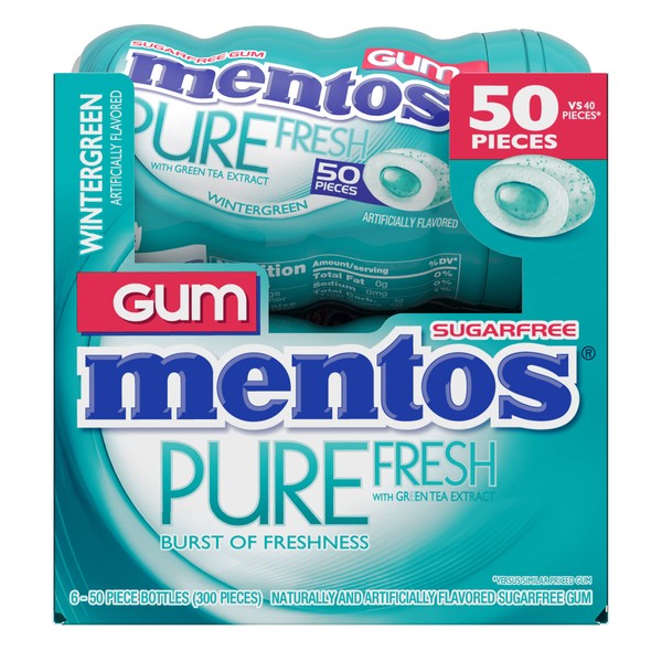 Mentos Pure Fresh Sugar-Free Chewing Gum with Xylitol, Halloween Candy, Bulk, Wintergreen, 50 Count (Pack of 6)