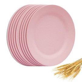 NA Set of 10 Large Dinner Plates 11 Inch, Reusable Wheat Straw Dessert Dishes, Round Pasta Salad Serving Plate, Unbreakable Kids Fiber Tableware for Party Steak Pizza (Pink)