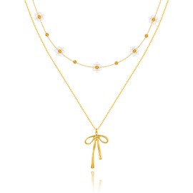 KSF Womens Gold Bow Pearl Necklace - Dainty 18k Gold Plated Layered Bow Daisy Pearl Necklaces Set for Women, Cute Bow Flower Choker Necklace Trendy Jewelry Gifts (2PCS)