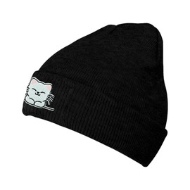 Cat Embroidery Beanie Hat Winter Warm Knit Cuffed Skull Cap for Women Men