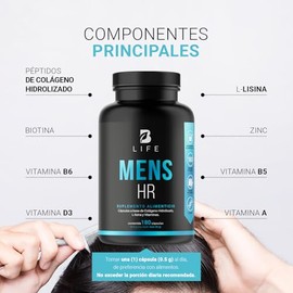 B Life Company Vitaminas para el Cabello del Hombre 180 Cápsulas 500 mg por cápsula. Colágeno Hidrolizado, L Lysina, Zinc, B5, B6, Biotina y D3. Ingredientes naturales. Mens HR