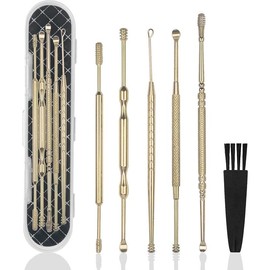 6 Pcs Extended Ear Wax Removal Kit,Professional Double-Headed Ear Pick Earwax Removal Tools,316L Stainless Steel Ear Cleaner Curette with Cleaning Brush and Storage Box,Suit for Kid Adult(Gold) - Color: Black