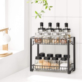 SONGMICS 2 Tier Kitchen Rack Metal Spice Rack with Plastic Plates, Non-Slip Feet, Easy to Assemble for Work Top, Pantry, Bathroom, Kitchen