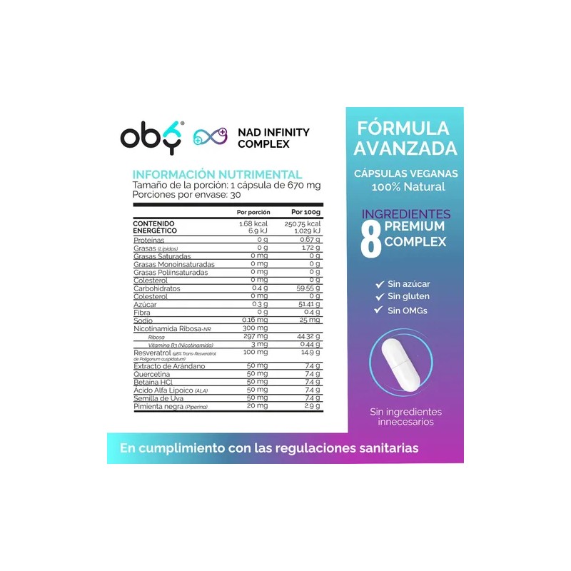 Oby Nad+ Resveratrol Potenciado 8 Ingred Nicotinamida Ribosa