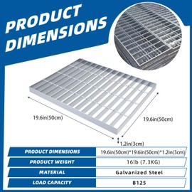 Outdoor Galvanized Steel Drain Grate,20x20in Heavy Duty Drain Cover,B125 Class Channel Grate,Rust-Proof Metal Sewer Grate,Silver Square Drainage Grate for Driveway,Garage,Yard